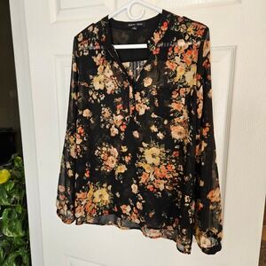 Whimsigoth Witchy Black Floral Print Flowy Long Sleeve Sheer Blouse Top Women L